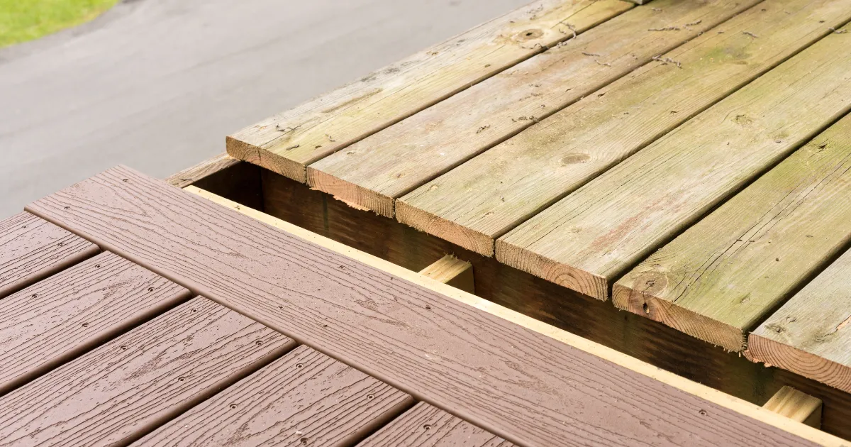 composite decking boards being installed to replace old wooden decking